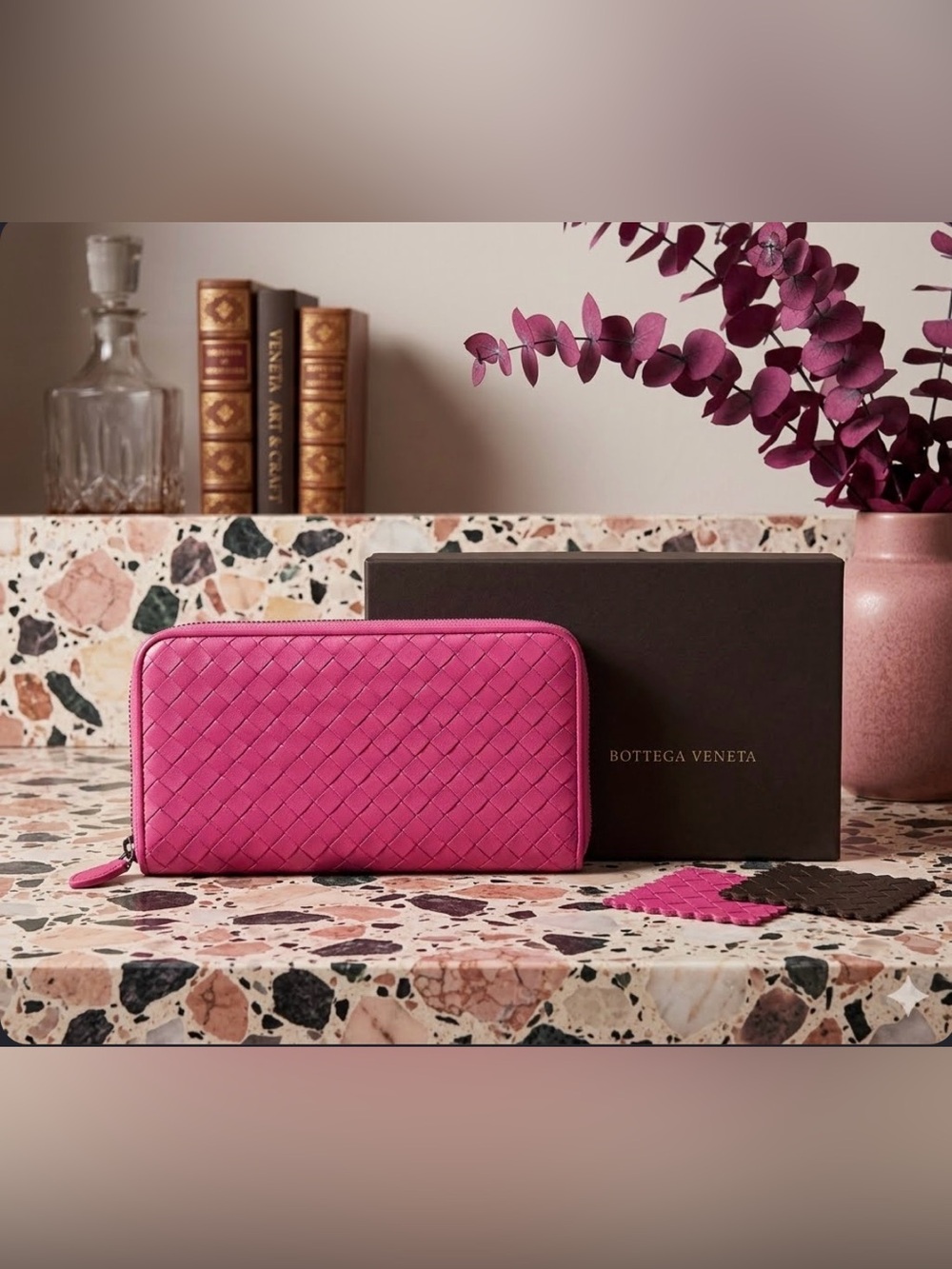 Bottega Veneta FULL SET Fuchsia Intrecciato Zip-Around Wallet!